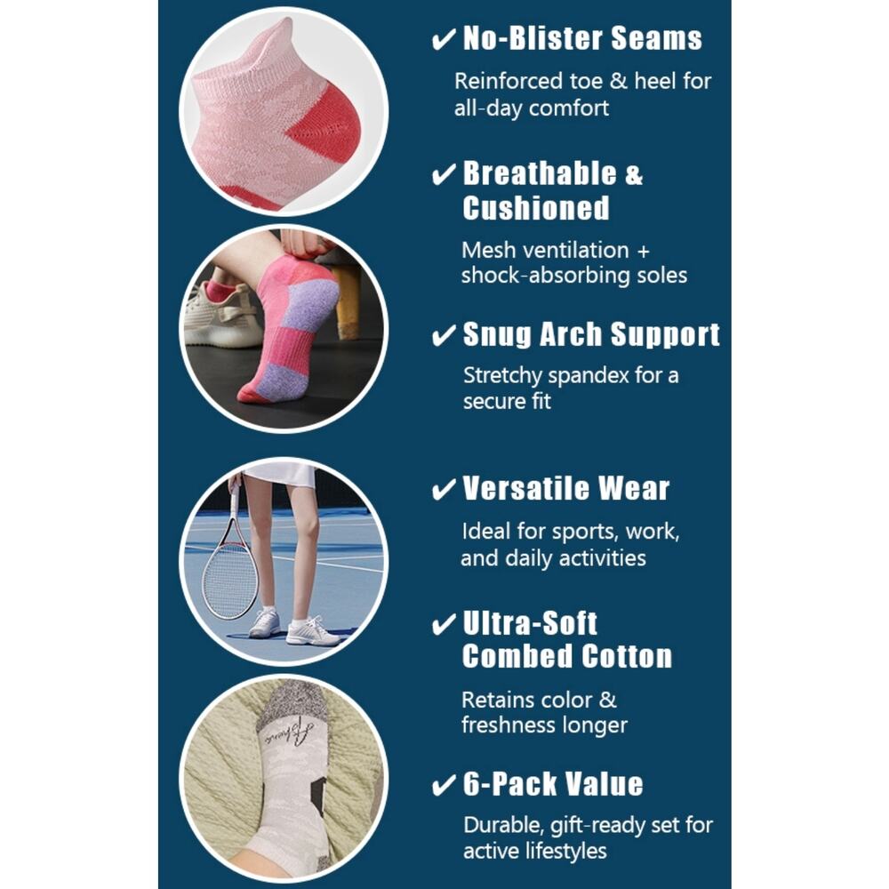 Women's Ultra-Comfort Ankle Socks 6-Pack Colorful Arch Support Breathable S6 - Picture 7 of 8